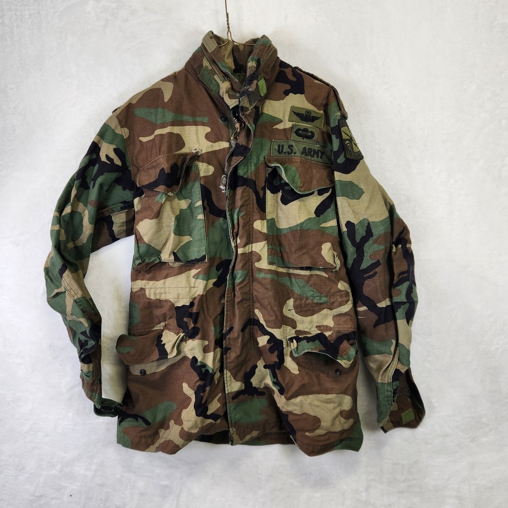 US ARMY Woodland Camouflage CW Field Coat Jacket M65 Style Patched XSmall‎ Reg